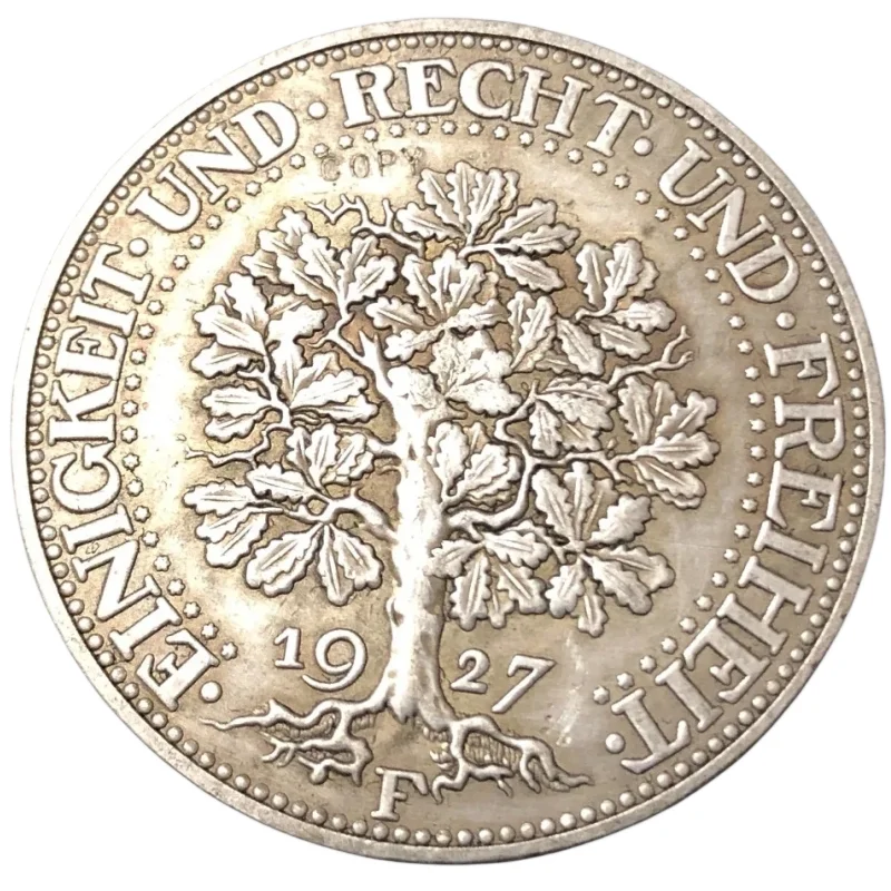 1927-F Germania-1871-1948 5 Reichsmark Argento Placcato Copia Moneta
