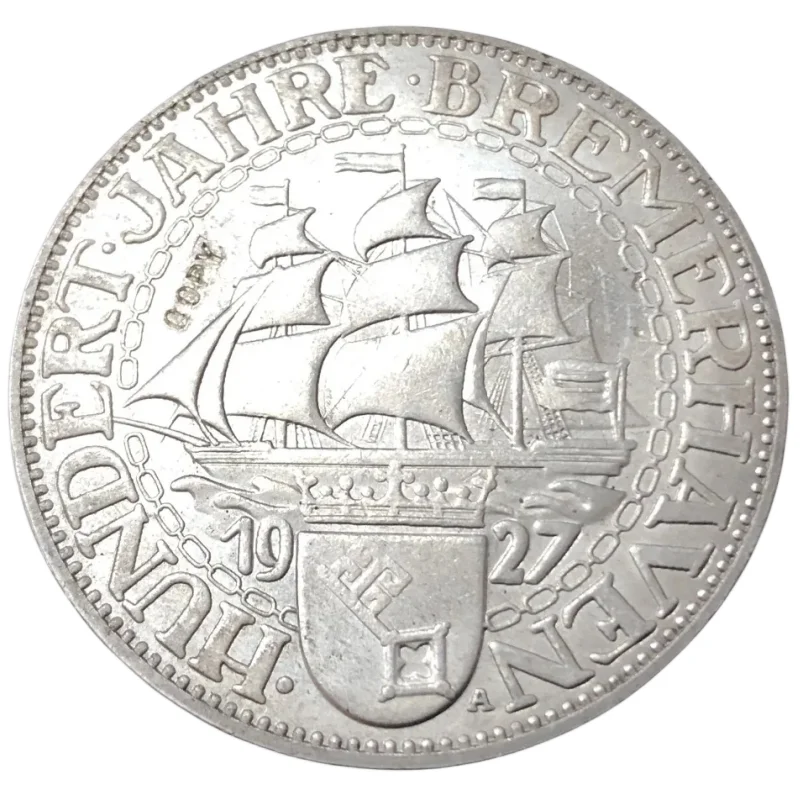 1927 Germania-1871-1948 5 Reichsmark Bremerhaven Argento Placcato Copia Moneta