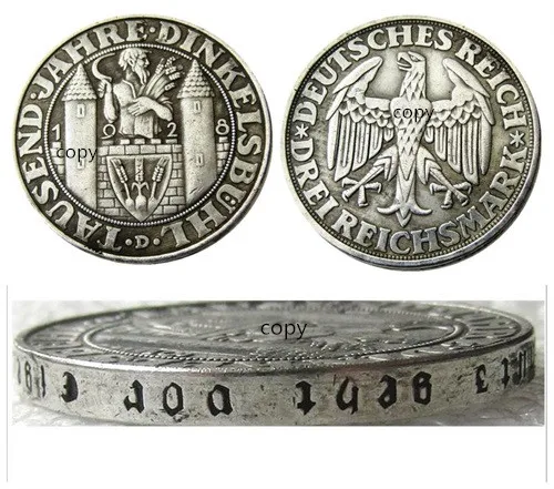 De(14) Rara Germania Repubblica Di Perforazione 1928D 3 Moneta Da Copia Placcata Argento Reichsmark