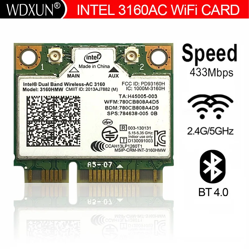 Scheda Wifi Intel Dual Band Wireless-Ac 3160 Ac3160 316Ac Ac3160Hmw Half Mini Pci-Express Wireless Wlan Bluetooth4.0