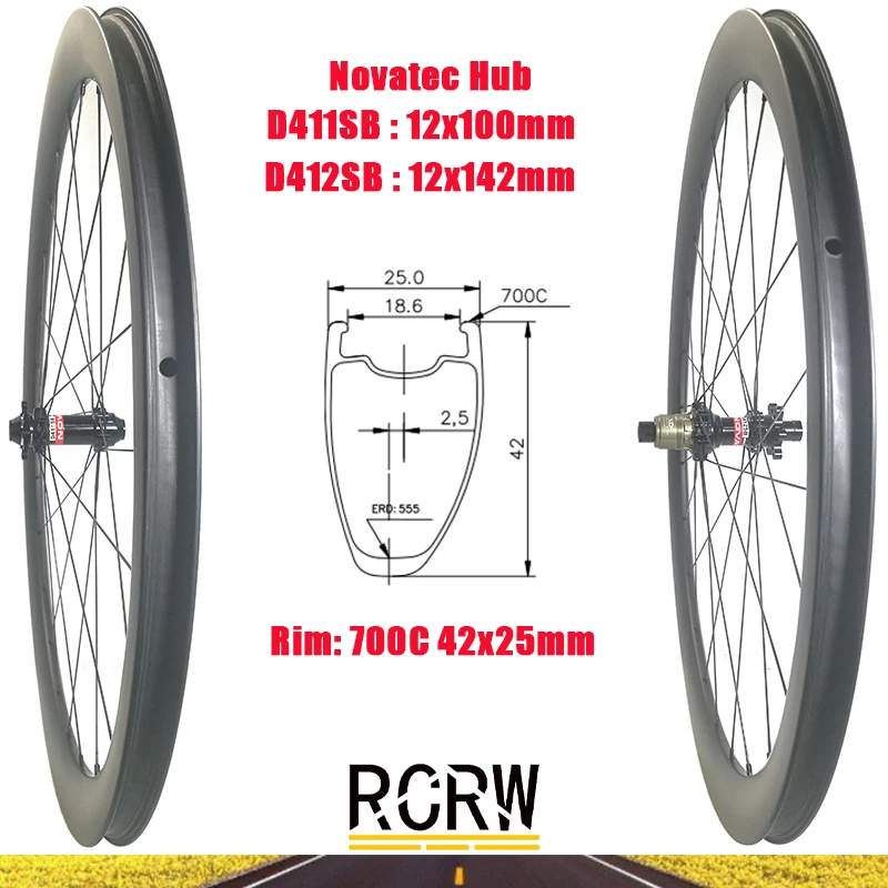700C Road 42X25Mm Set Ruote Cerchio In Carbonio 24 Fori Asimmetrici Tubeless Deep 42 Wide 25 Novatec D411Sb D412Sb 6 Bulloni Xdr Hub Hg Xd Xx1