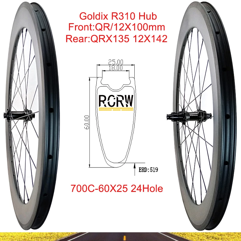 700C Road 60 X25Mm Wheelset 24 Fori Cerchio In Carbonio Tubeless Deep 60Mm Wide 25Mm Center Lock Ratchet 36T Goldix R310 Hub Shiman Xd Xdr
