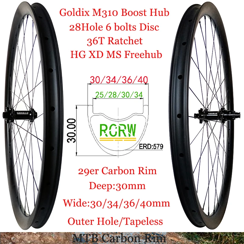 29Er Mtb Wheelset 30/34/36/40Mm Di Larghezza Cerchio In Carbonio 30Mm Di Profondità 28 Fori Goldix M310 6 Bullone Disc Boost Hub 36T Cricchetto Hg Xd 