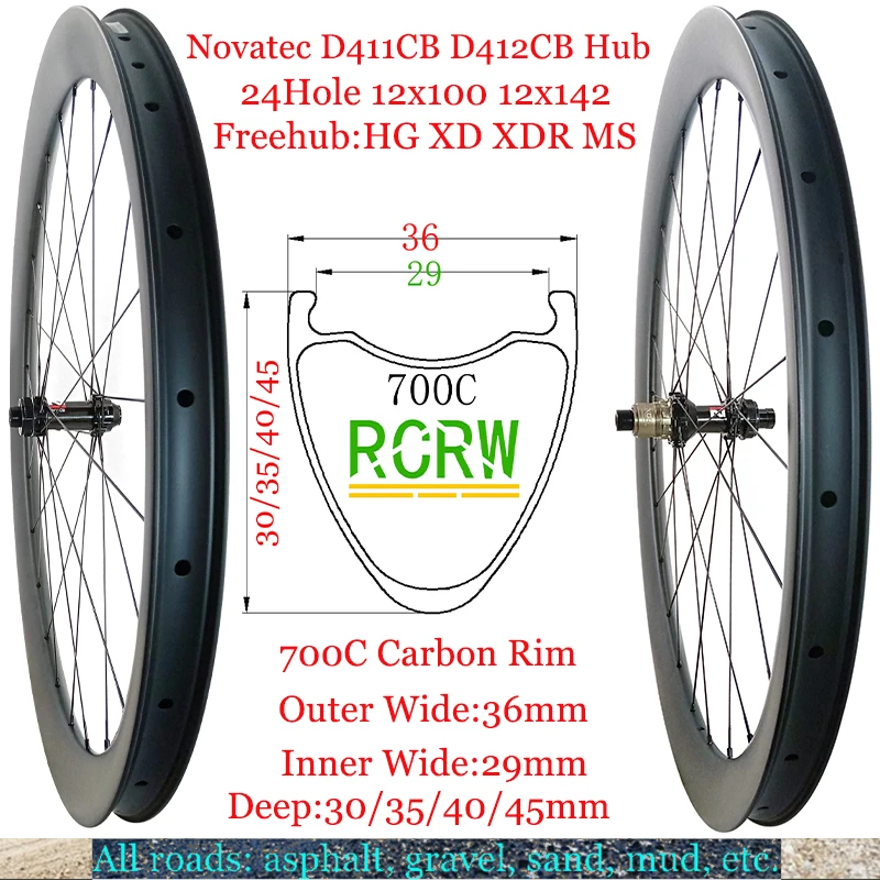 700C All Road Wheelset Gravel Sand 36Mm Wide Carbon Rim 30/35/40/45Mm Deep 24H Novatec D411Cb D412Cb Hub Hg Xd Xdr Ms Freehub
