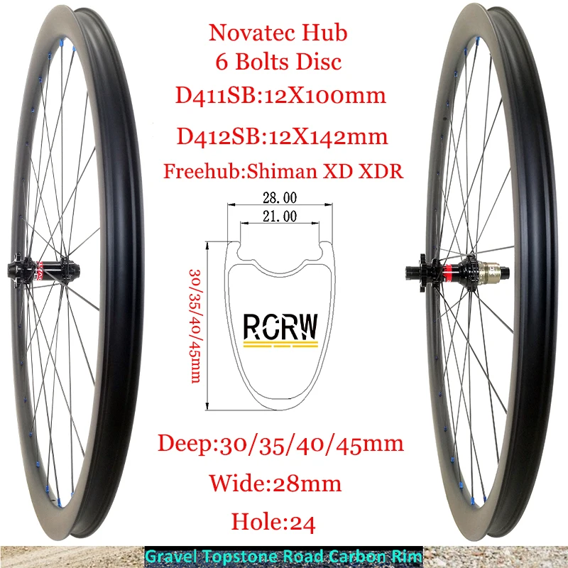 700C Gravel Topstone Wheelset 30/35/40/45Mm Deep Carbon Rim 28Mm Wide 24 Fori Novatec 6Bolt Disc D411Sb D412Sb Hub Shi Hg Xd Xdr