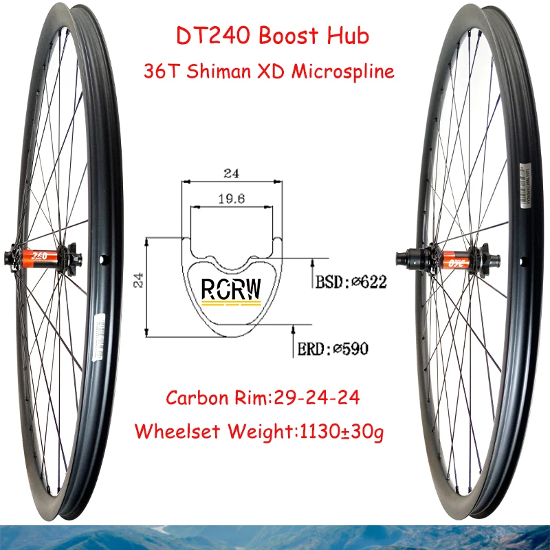 29Er Mtb Xc 24X24Mm Wheelset Super Light 1130G Cerchio In Carbonio 28 Fori 24 Wide 24 Deep Dt240 Boost 6 Bolt 36T Hub Shima Xd Microspline