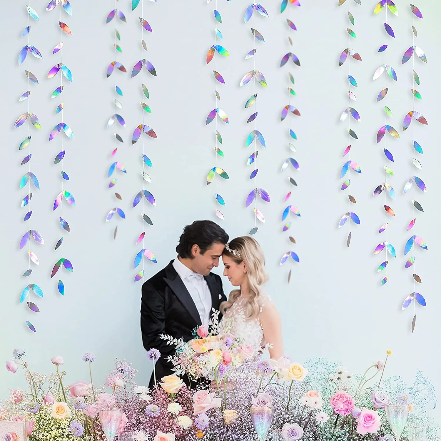 Laser Silver Iridescent Leaf Garlands Paper Hanging Leaves Streamers For Holographic Birthday Bachelorette Anniversary Supplies