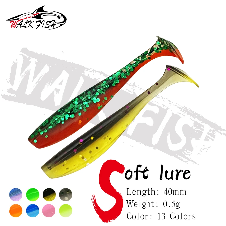 Walk Fish 20Pcs 40Mm 0.5G Soft Lure Silicone Bait T Tail Shad Wobbler Fishing Lure Sea Worm Swimbait Streamer Silicone Lure