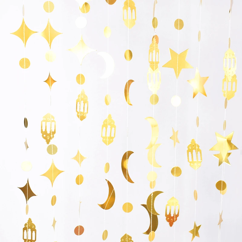 Gold Ramadan Eid Mubarak Banner Bairam Islam Decorazioni Musulmane Hanging Paper Star Moon Lamp Ghirlande Ramadan Mubarak Home Decor