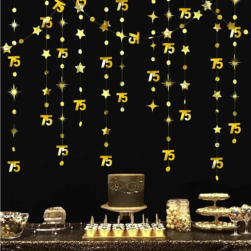 Oro 75Th Decorazioni Di Compleanno Numero 75 Circle Dot Star Garland Metallic Hanging Streamer Per 75Th Anniversary Party Supplies