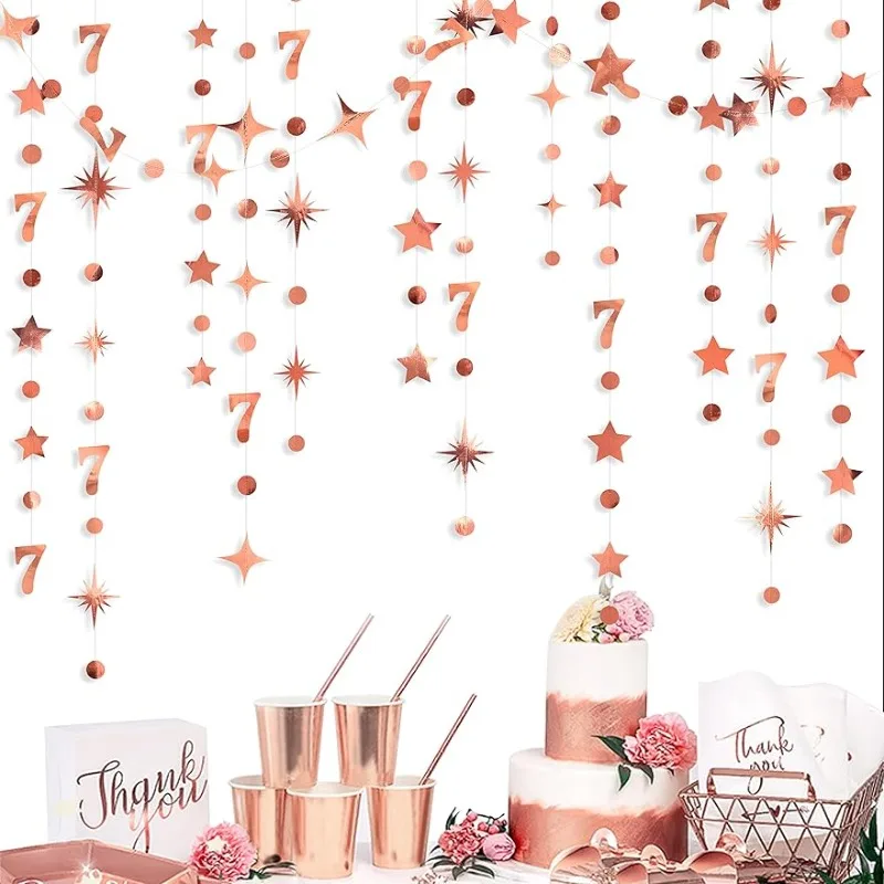 Decorazioni Per Il 7 ° Compleanno In Oro Rosa Numero 7 Circle Dot Star Garland Metallic Hanging Streamer Per Forniture Per Feste Di 7 ° Anniversario
