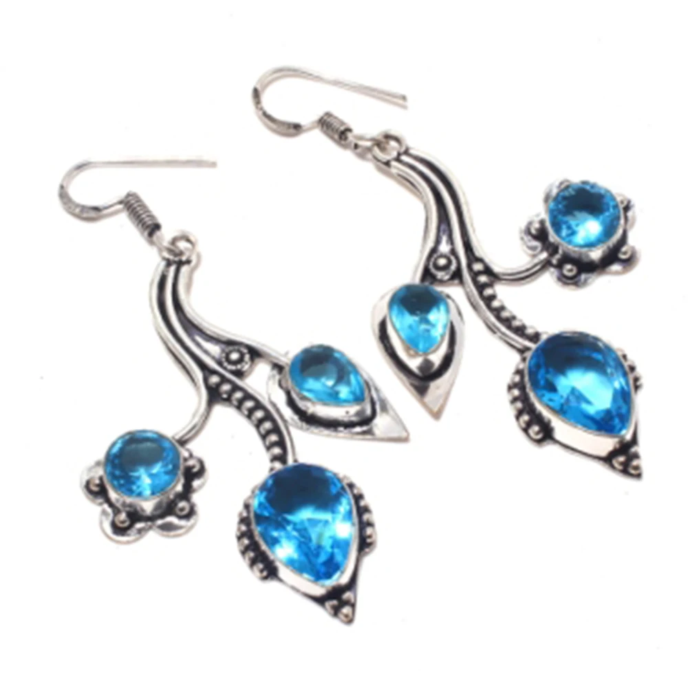 Blu Topas, Argento Overlay Su Orecchini Di Rame, 63 Millimetri, E3929