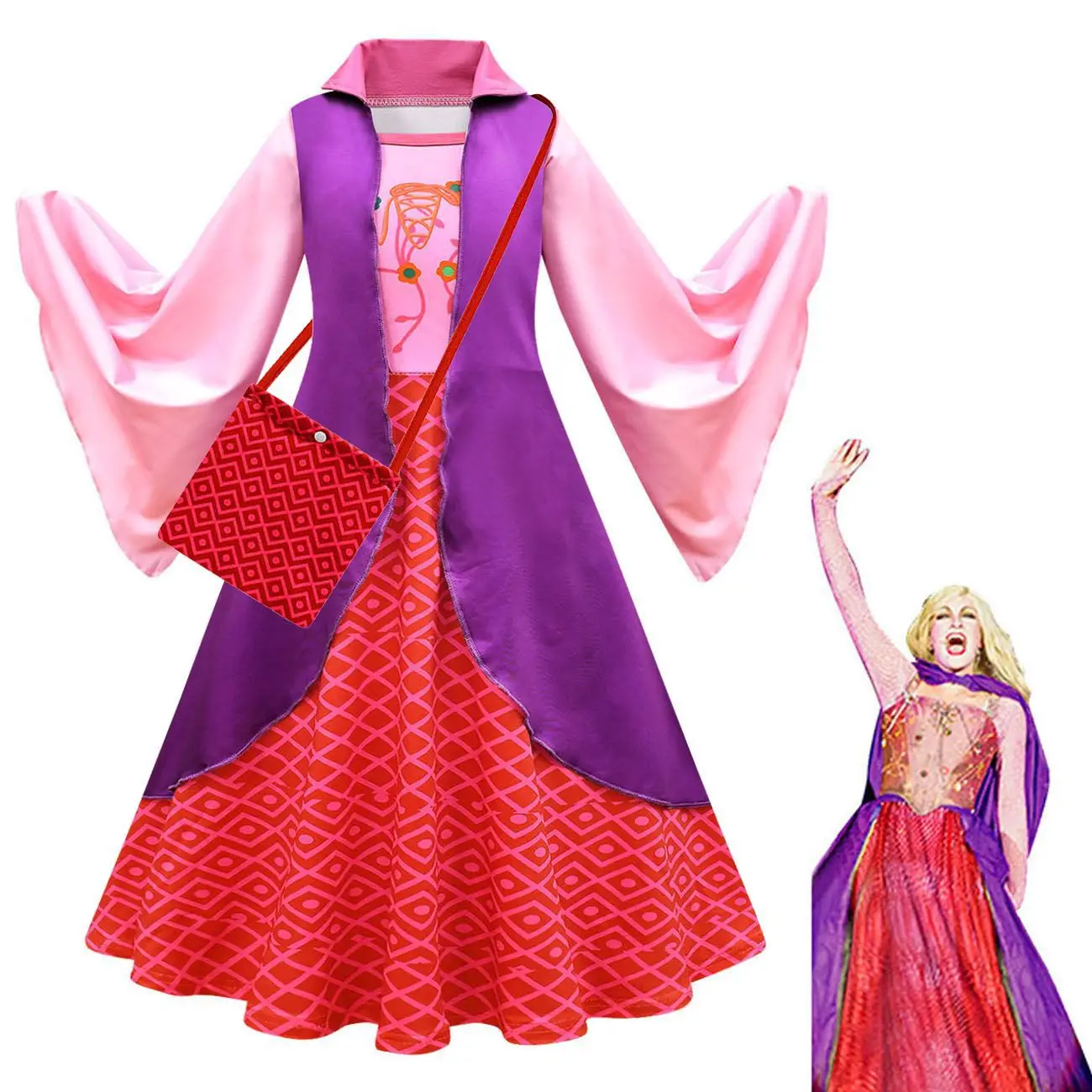 Prezzo Basso Vendita Calda Hocus Pocus 2 Sanderson Sisters Cosplay Pink Vintage Dress Costume Halloween Kid