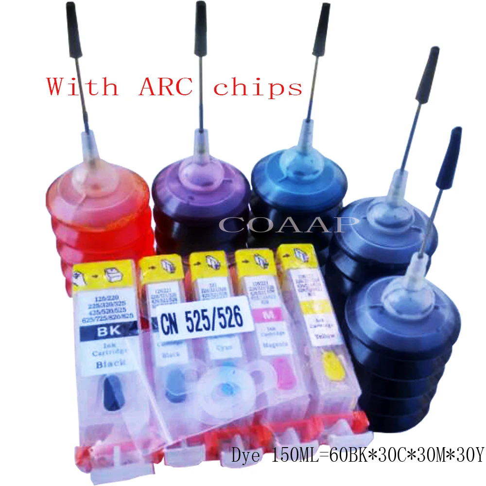 5 Pack Compatibile Canon 525 526 Cartuccia Riutilizzabile + Dye 150Ml Inchiostri Per Pixma Mg6220 Mg6250 Mg8120 Mg8150 Mg8220 Mg8250