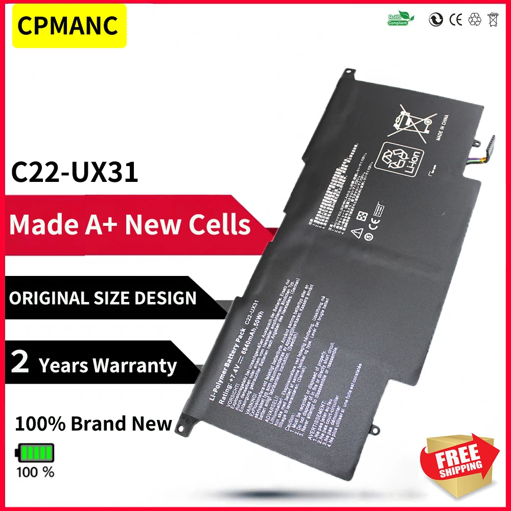 Batteria Per Laptop Cpmanc C22-Ux31 Per Asus Zenbook Ux31 Ux31A Ux31E Ux31E-Dh72 C22-Ux31 C23-Ux31 7.4V 50Wh/6840Mah
