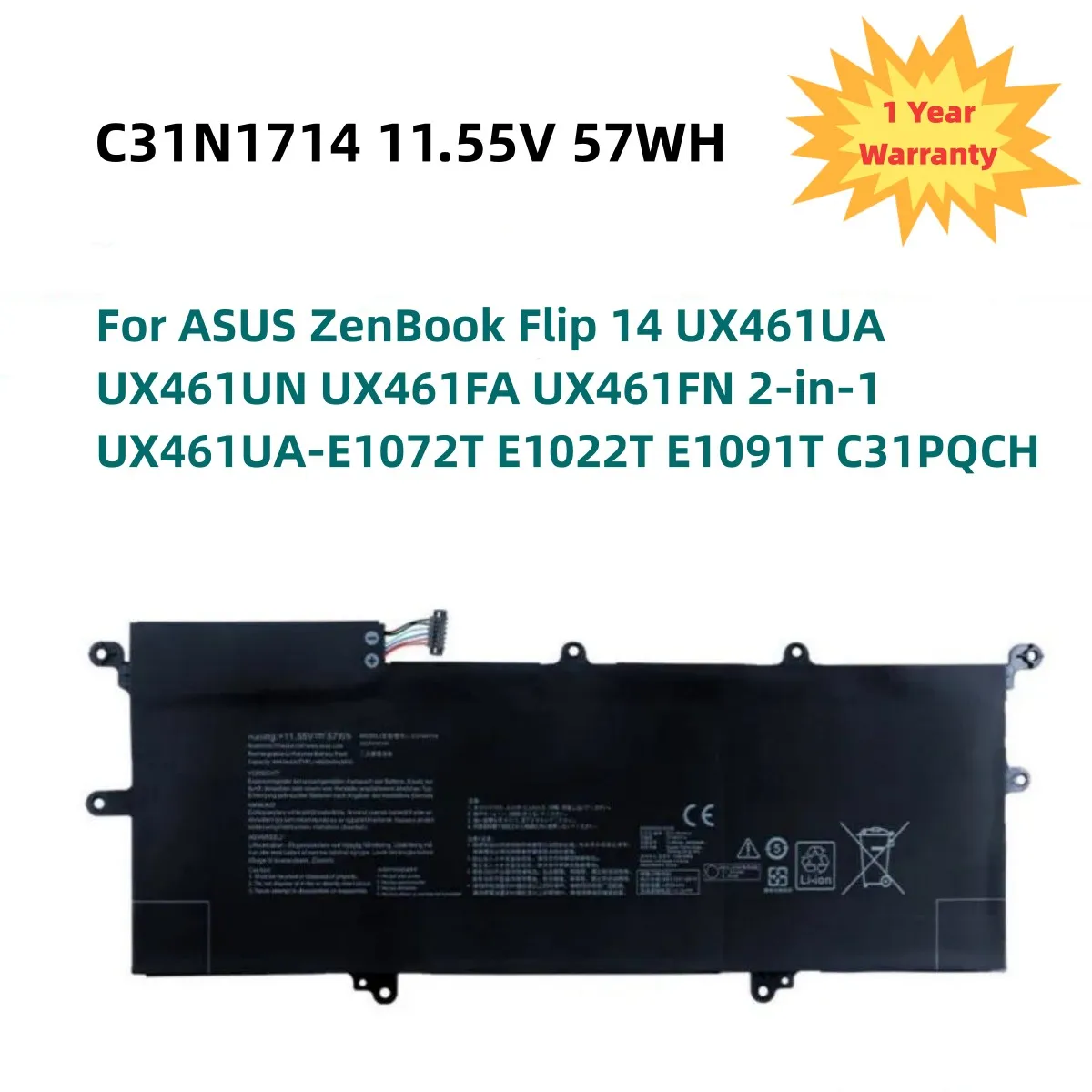 Batteria C31N1714 57Wh Per Asus Zenbook Flip 14 Ux461Ua Ux461Un Ux461Fa Ux461Fn 2-In-1 Ux461Ua-E1072T E1022T E1091T C31Pqch