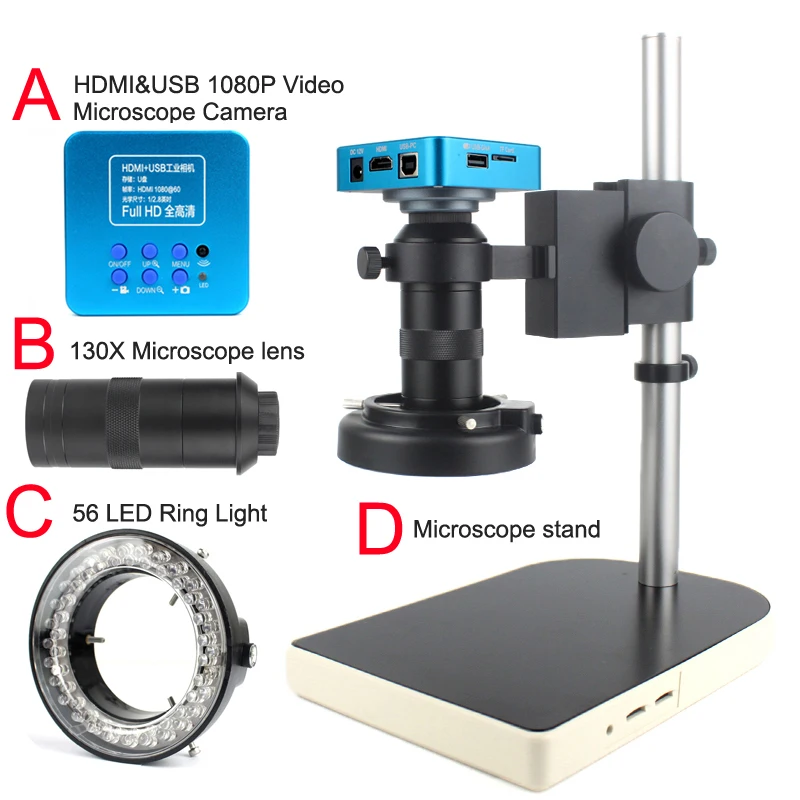 1080P Hdmi Usb Industrial Digital Video Microscope Camera 130X C-Mount Lens Microscope Stand 56 Led Ring Light Per Saldatura Pcb