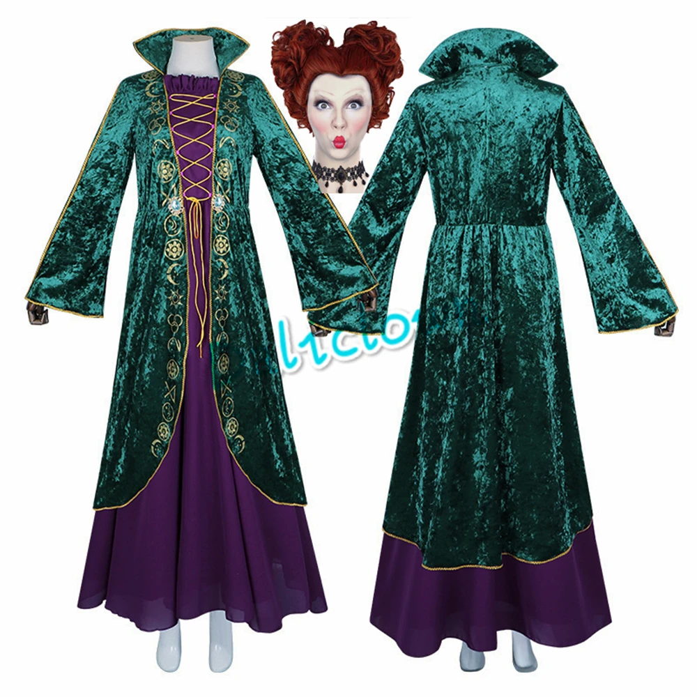 Halloween Hocus Pocus Winifred Sanderson Cosplay Costume Parrucca Vintage Gothic Dress Donna Ragazze Red Queen Costume Medievale