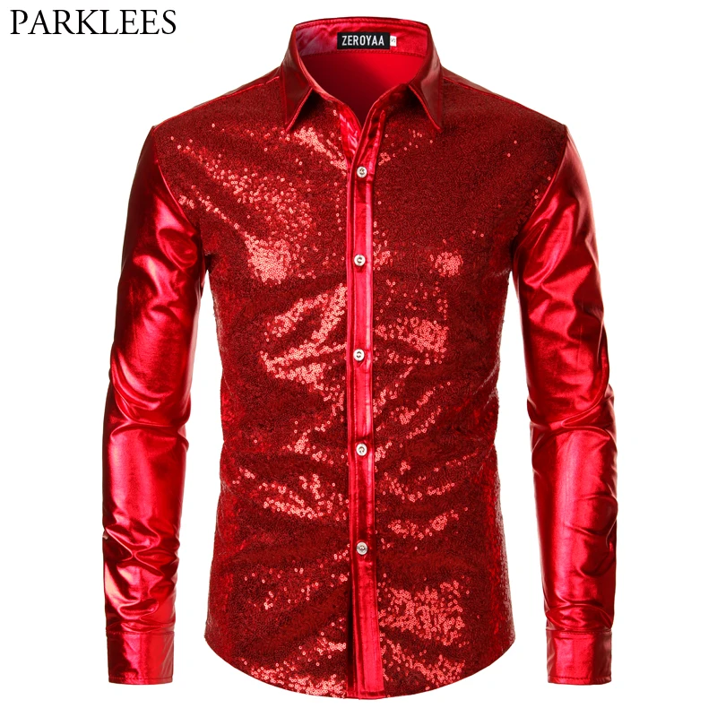 Camicia Patchwork Metallica Con Paillettes Rosse Da Uomo 2023 New 70'S Disco Nightclub Sparkle Shirt Mens Halloween Party Stage Prom Costume 2Xl