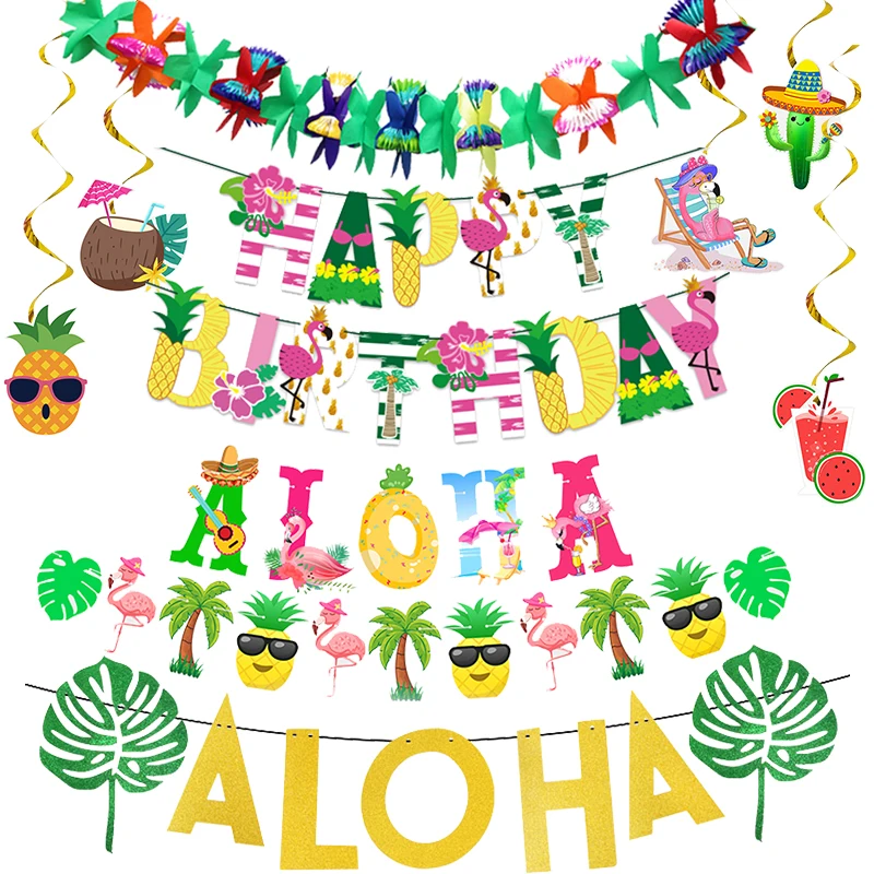 Hawaii Party Decoration Aloha Happy Bitrthday Banner Palm Leaf Flamingo Ananas Garland Summer Tropical Luau Wedding Supplies