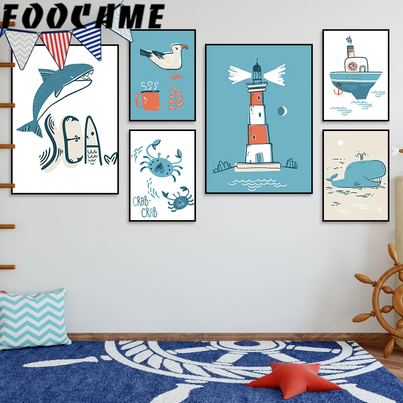 Cartoon Sea Lighthouse Shark Whale Poster Canvas Painting Wall Art Stampe Per Bambini Decorazione Immagini Baby Nursery Kids Room