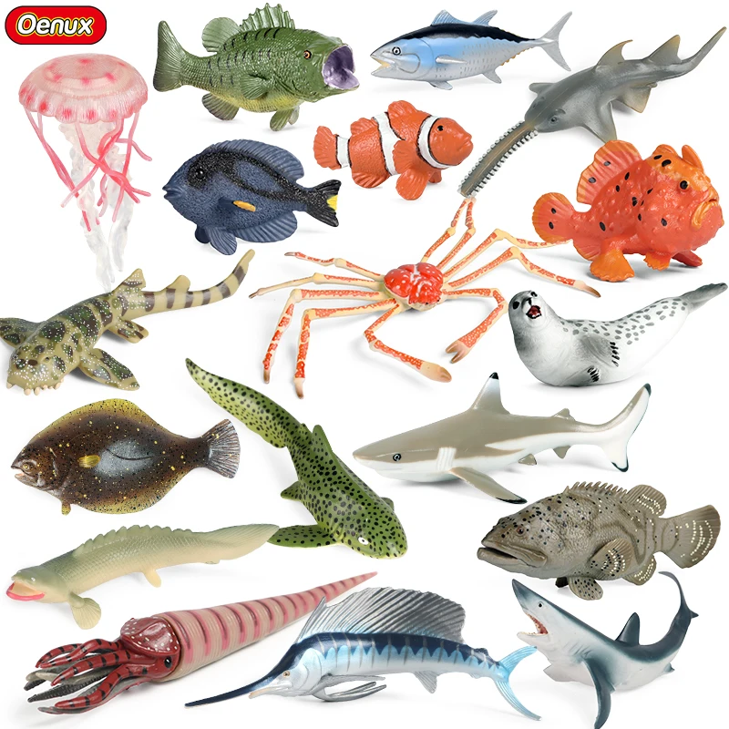 Oenux Ocean Marine Jellyfish Shark Seal Granchio Pagliaccio Tonno Sea Life Animali Modello Action Figures Pvc Miniatura Baby Shower Toy