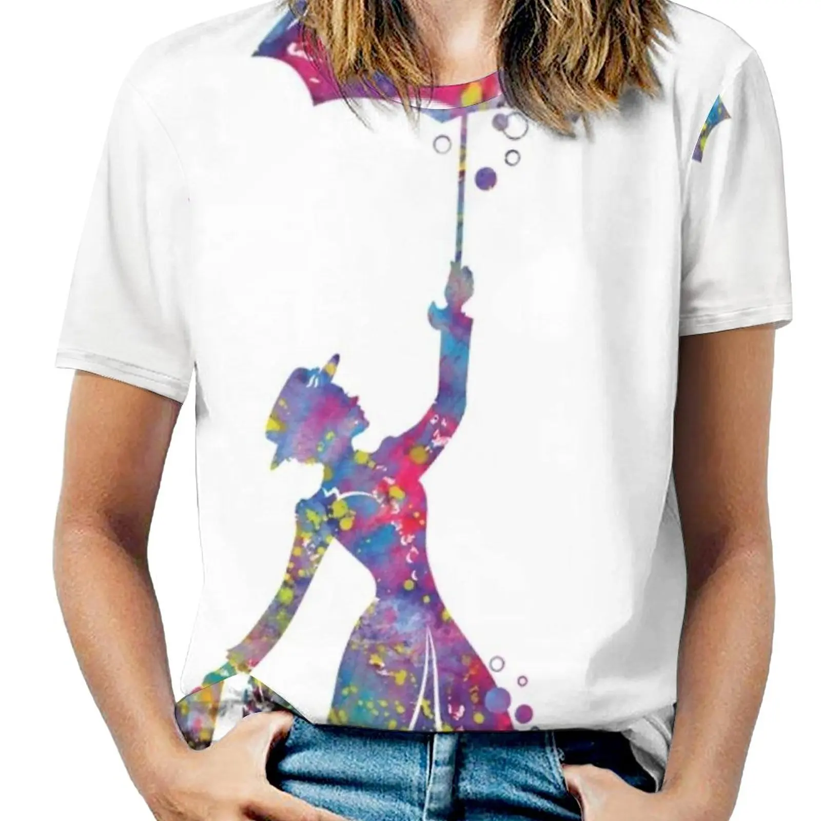 Mary Poppins T-Shirt Da Donna Primavera Ed Estate T-Shirt Stampate Girocollo Pullover Top Mary Poppins Silhouette Acquerello Mary