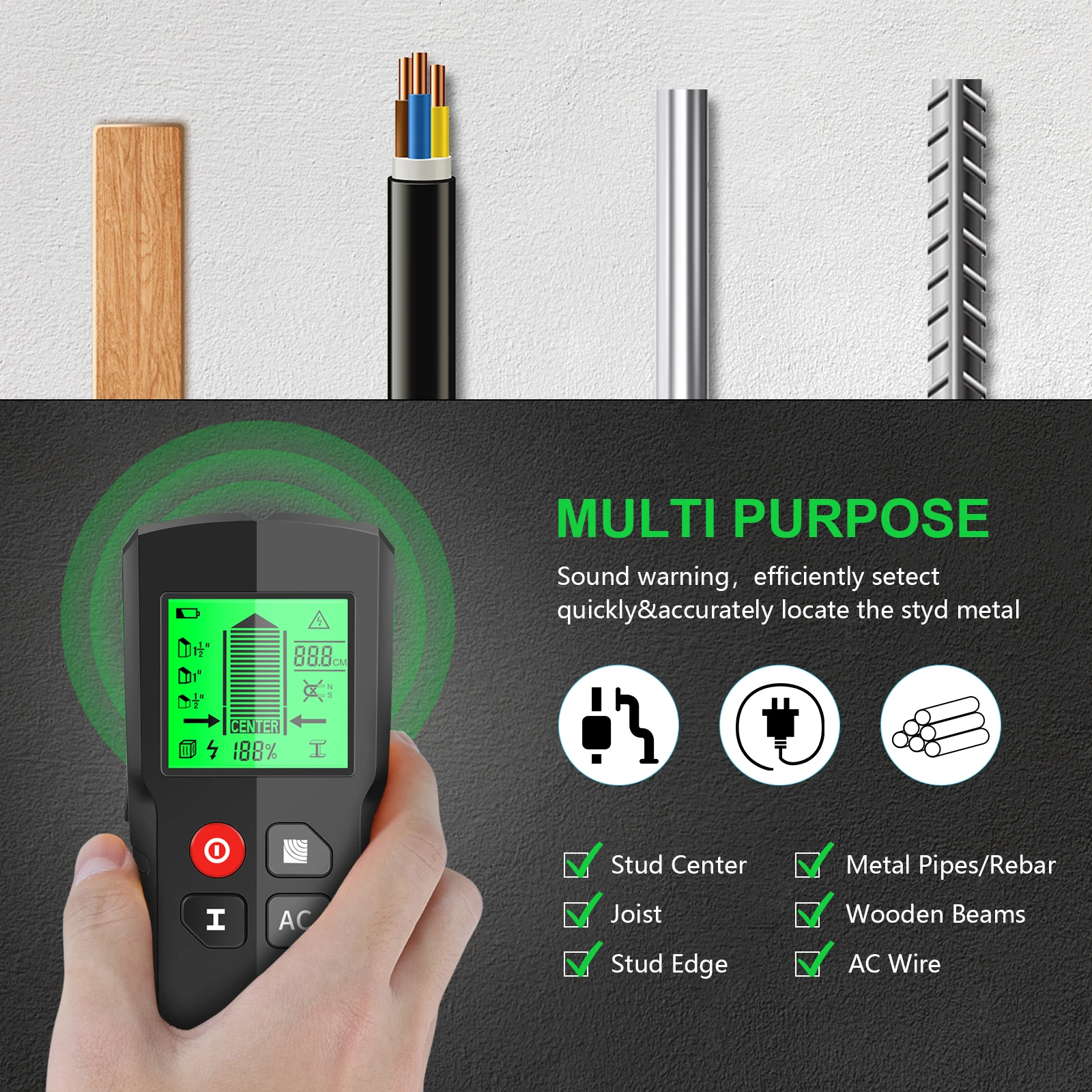 Metal Detector Wall Stud Finder Sensor Scanner Da Parete Edge Center Detect Multifunzione Wood Beam/Ac Live Wires Scanner Di Profondità