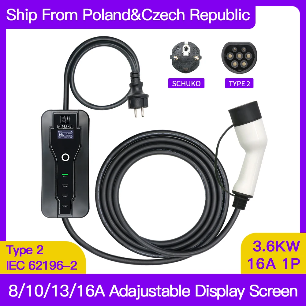 Portatile 16A Tipo 2 Iec 62196 Ev Caricatore Wallbox Per Veicolo Elettrico Ricarica Auto Spina Schuko 8A 10A 13A 16A Regolabile