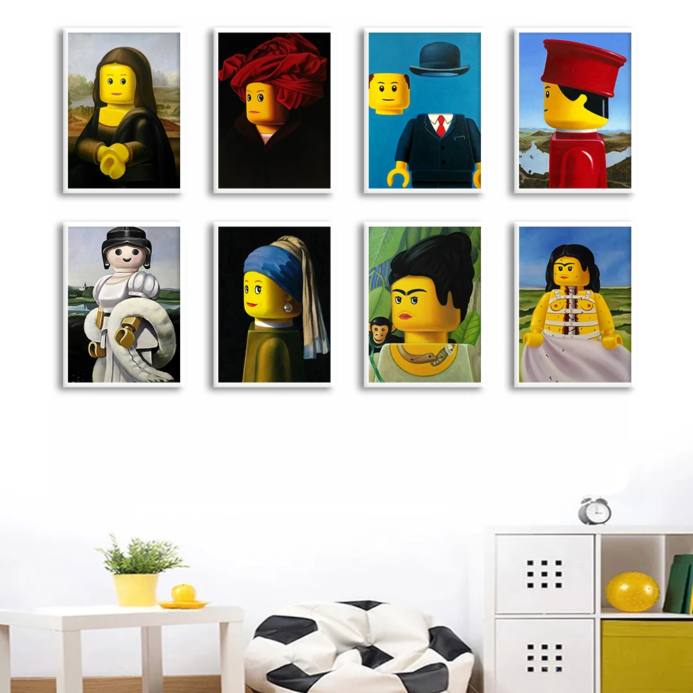 Cartoon Lego Portrait Poster Divertente Famoso Dipinto Pop Wall Art Stampe Su Tela Mona Lisa Picture For Kids Room Home Decor Cuadros