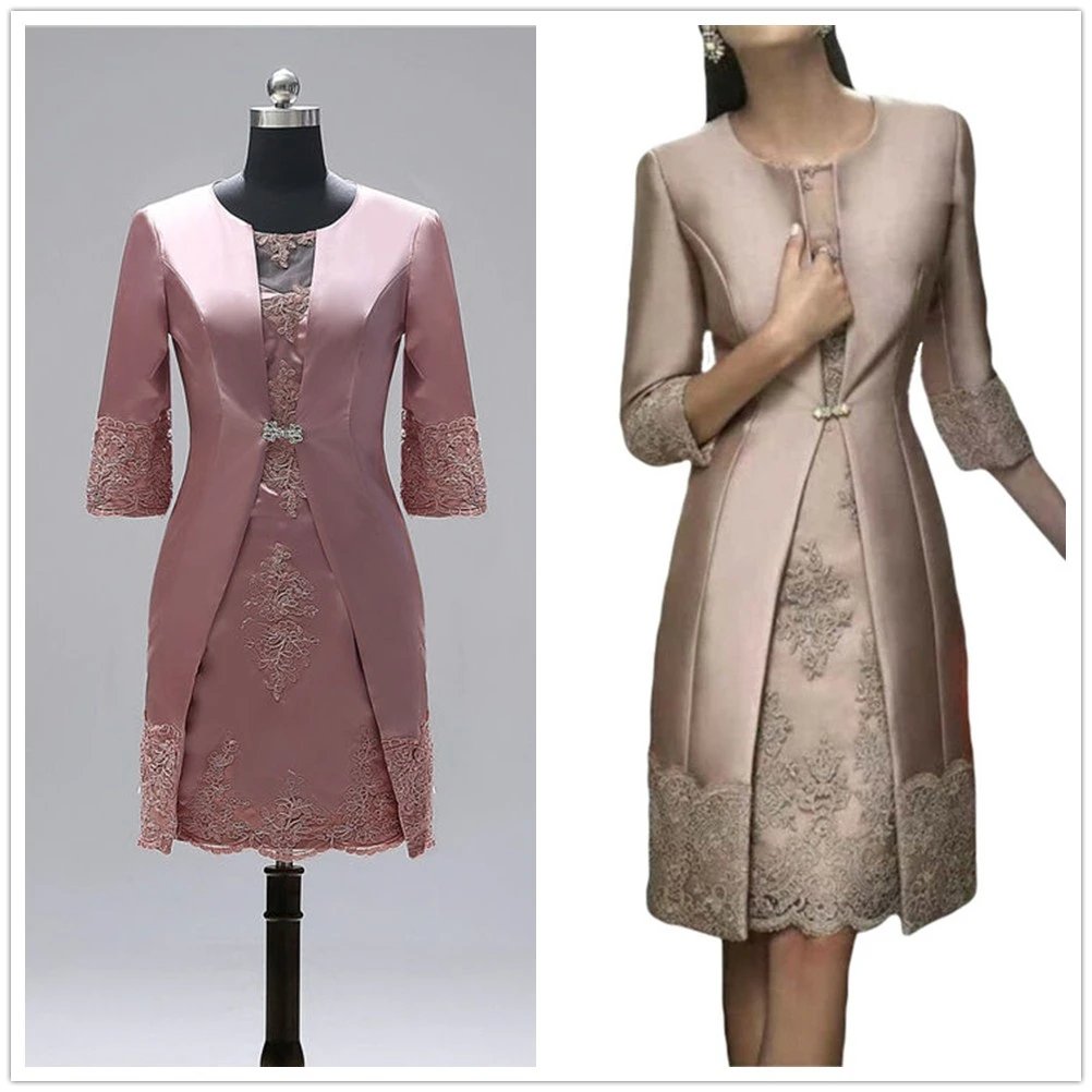 Foto! Vintage Knie Lengte Moeder Van De Bruid Bruidegom Plus Size Kostums Lange Jacket Applicaties Kant Bruiloft Gast Avond