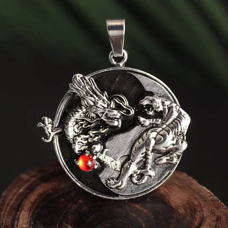New Prepotente Dragon And Tiger Play Bead Pendant Tai Chi Sun Flower Intarsiato Collana Di Zirconi Rossi Gioielli Fortunati Da Uomo
