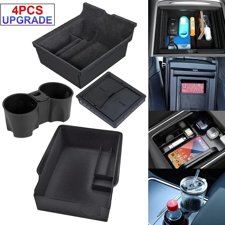 Aggiornamento Floccato Center Console Organizer Vassoio Portabicchieri Inserto Solo Per 2022 2023 Tesla Model 3 Y Hidden Cubby Drawer Interior