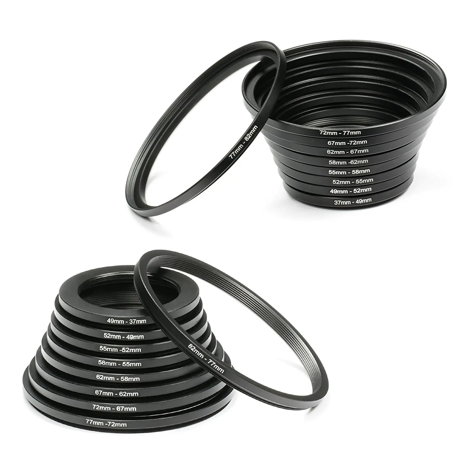 18 Pz Camera Lens Filter Metallo Stepping Anelli Kit (Comprende 9 Pz Step Up Ring + 9 Pz Step Down Ring) Nero