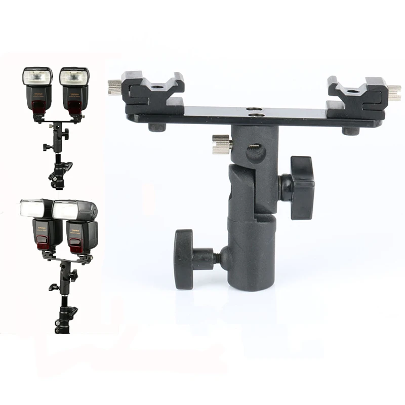 E2 Staffa Doppia Flash Regolabile Dual Hot Shoe Speedlight Stand Ombrello Lampadina Girevole Per Canon Nikon Yongnuo Godox Flash