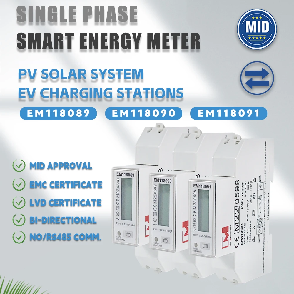 Em118089 90 91 1 Fase 2 Fili Certificato Centrale Rs485 Modbus Misuratore Elettrico Solare Pv Kwh Din Rails Mount Meters