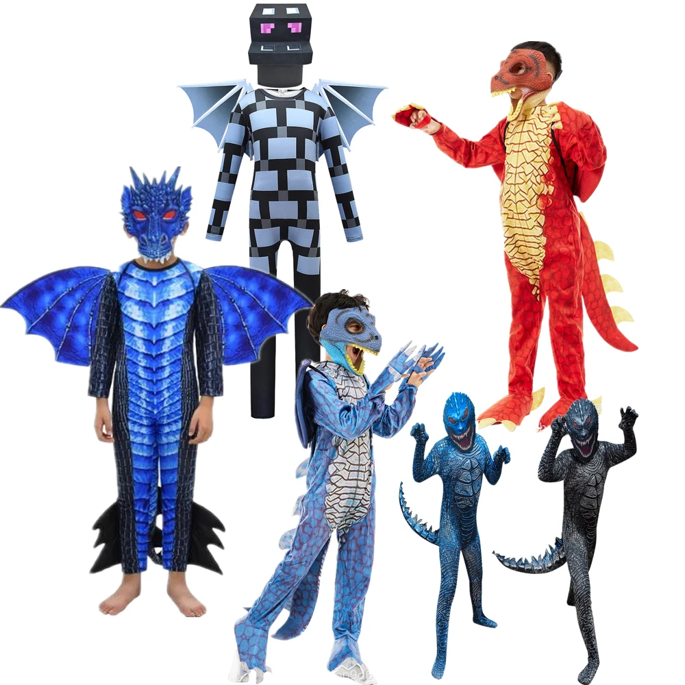Dragon Wings Costume Kids Dinosaur Tail Mask Cosplay Set Cool Halloween Dragon Mask Bambini Ragazzi Cosplay Ender-Dragon Costume