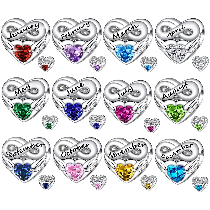 925 Sterling Silver Birthstone Perline A Forma Di Cuore Charms Fit Originale Pandora Bracciale Charm Beads Collana Gioielli Femminili Fai Da Te