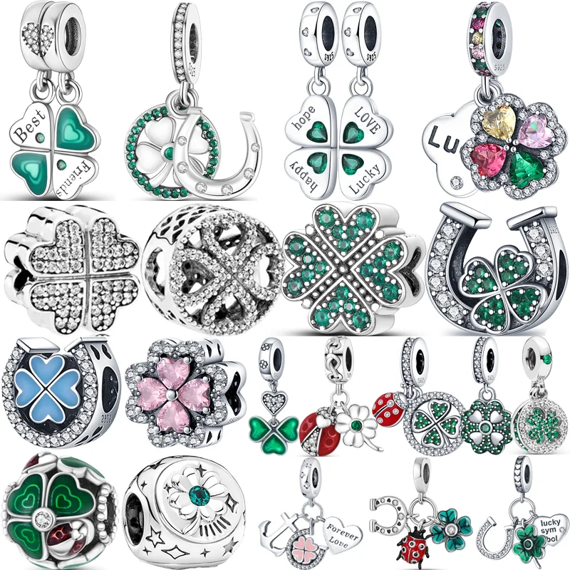 925 Sterling Silver Green Pink Quadrifoglio Serie Heart Love Lucky Beads Fit Original Pandora Charms Bracciale Gioielli Da Donna