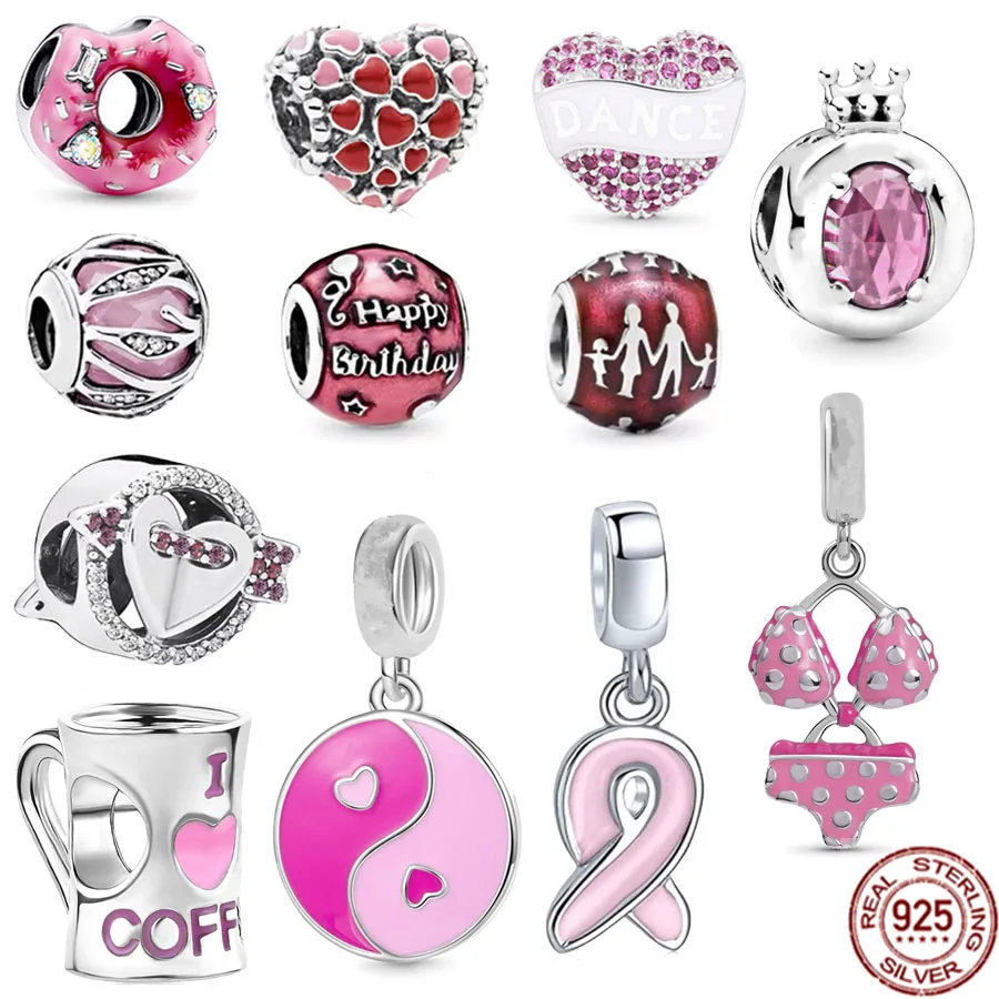 Vendita Calda Originale 925 Sterling Silver Pink Donut & Pink Bikini Ciondolo Ciondola Charm Beads Fit Pandora Bracciale Gioielli Da Donna