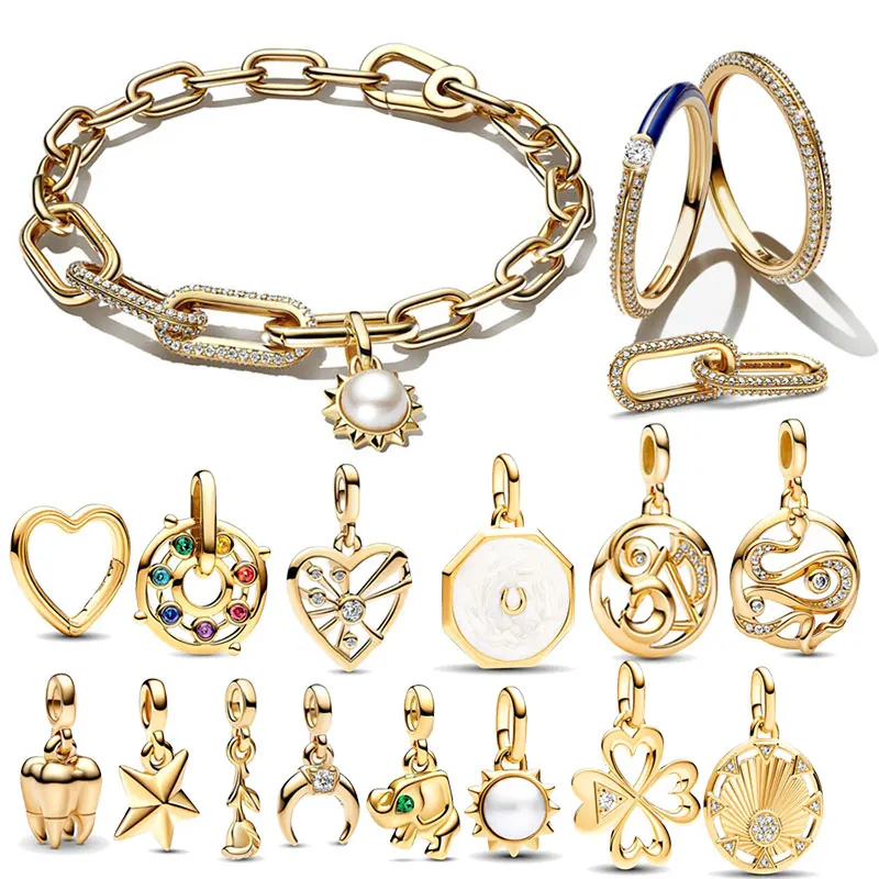 Placcato Oro 18 Carati 925 Argento Pavé Doppio Collegamento Styling Cuore Quadrifoglio Ciondola Me Charm Fit Pandora Me Braccialetto Gioielli Fai Da T