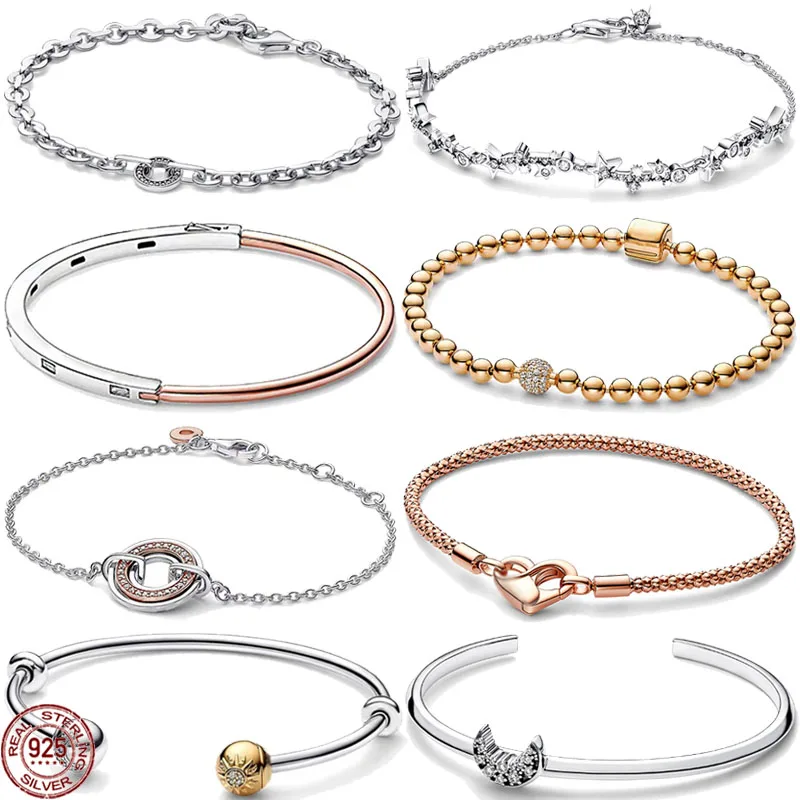 Pandora Sun Moon Open End Bangle 925 Sterling Silver Exquisite Rose Gold Bracciale A Forma Di Cuore Charm Regalo Di Gioielli Da Donna