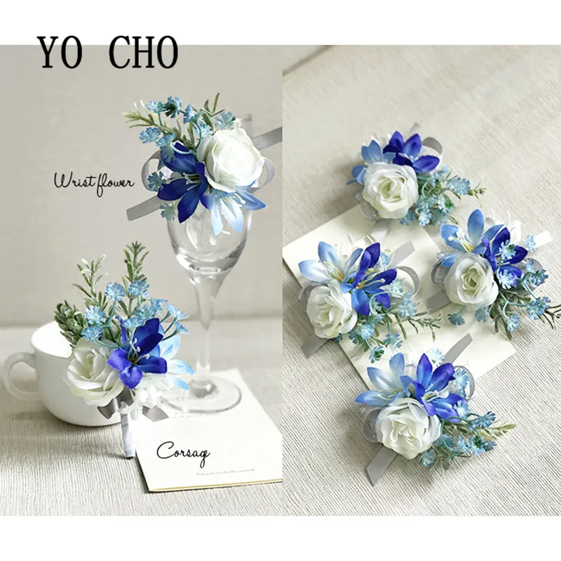 Yo Cho Corpetti Bianco Blu Boutonniere Seta Rosa Asola Matrimonio Corpetto Spilla Braccialetto Fiori Boutonniere Braccialetto Pin