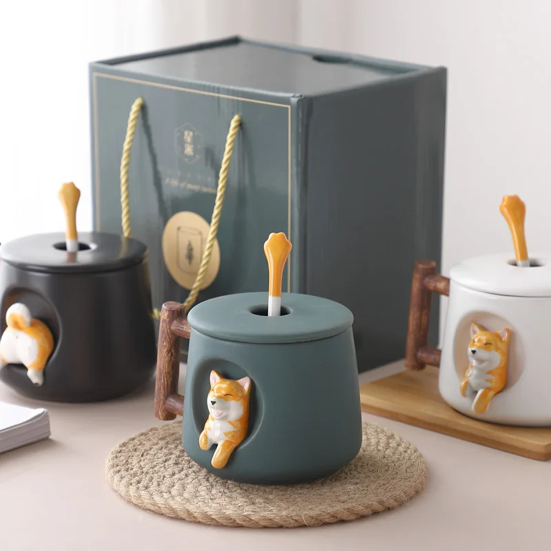 Ins 420Ml Cartoon Ceramic Mug Cute 3D Shiba Inu Pattern With Lid Spoon Girls Favorite Gift Brew Milk Tea Creative Coffee Cup