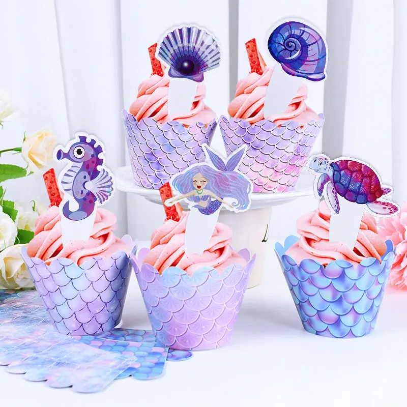 16Set Mermaid Cake Decoration Sirenetta Cake Topper Cupcake Wrapper Paper For Girls Birthday Party Decor Baby Shower Gift