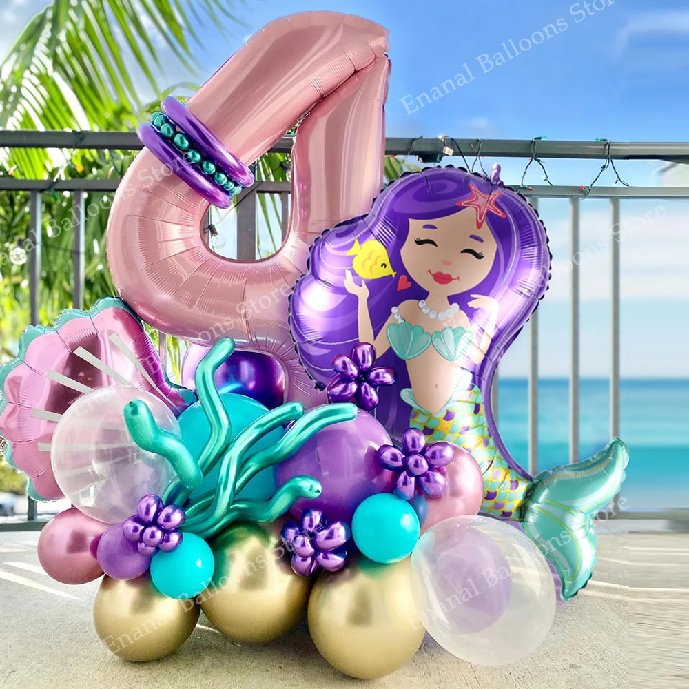 32 Pezzi Set Di Palloncini A Sirena Grande Rosa 40 Pollici Numero Palloncino Foil Baby Shower Bambina Bambina Festa Di Compleanno A Tema Sirenetta