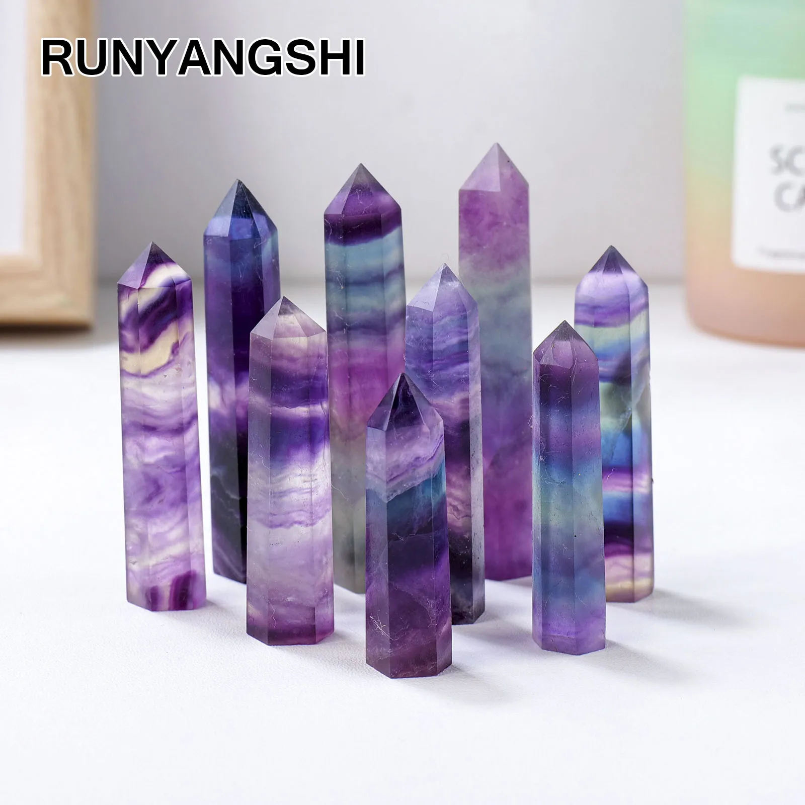1 Pz Arcobaleno Naturale Fluorite Obelisco Stripe Fluorite Wand Raw Healing Gemstone Lucido Crystal Point Gift