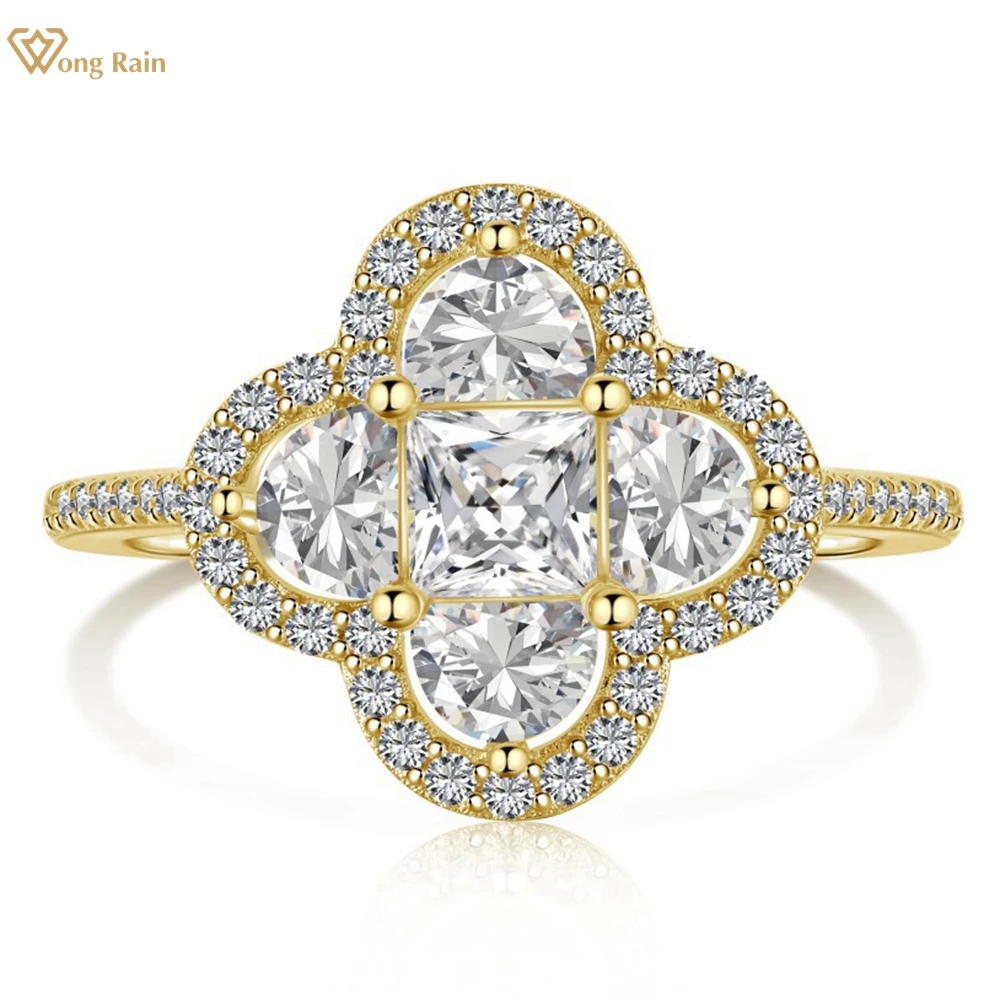 Wong Rain 18K Placcato Oro 925 Sterling Silver Four-Leaf Grass High Carbon Diamond Gemstone Fine Jewelry Ring Per Le Donne All'Ingrosso