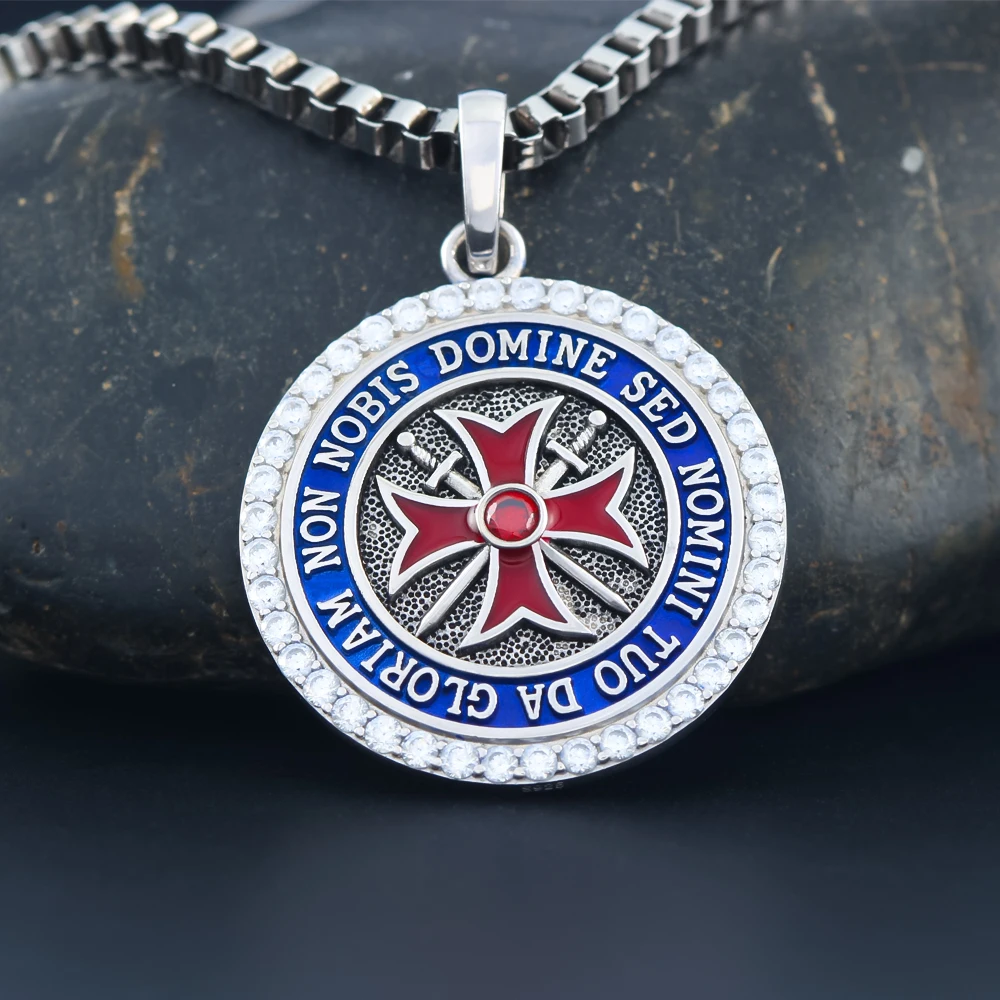 Tillfo Cavalieri Templari Croce Crociato Non Nobis Domino, Non Nobis, Sed Nomini Tuo Da Gloriam Ciondolo In Argento Sterling