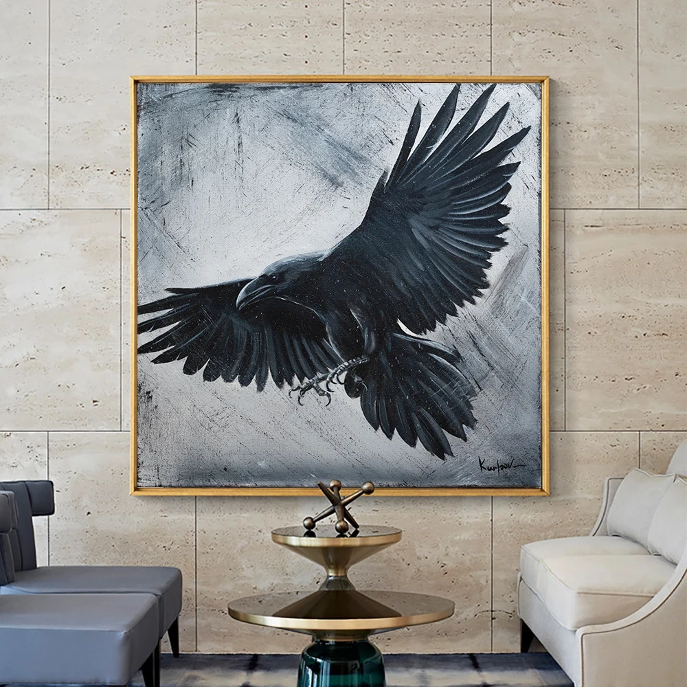 Gothic Black Raven Flying Painting Canvas, Wall Art Poster, Mystical Bird Creature Picture, Living Room, Home Decor